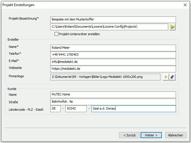 loxone config projekt einstellungen